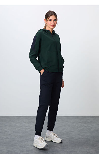 Çam Yeşili-Lacivert Pamuklu Kalın Kapüşonlu Oversize Fit Kadın Eşofman Takım - 95343