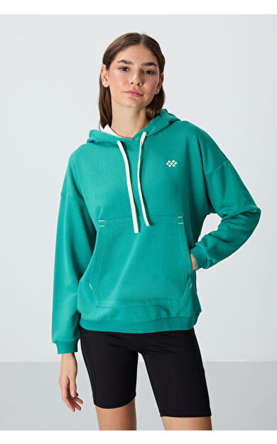 Deniz Yeşili Kompakt Pamuklu Kalın Pürüzsüz Dokulu Kapüşonlu Oversize Fit Kadın Sweatshirt - 97291