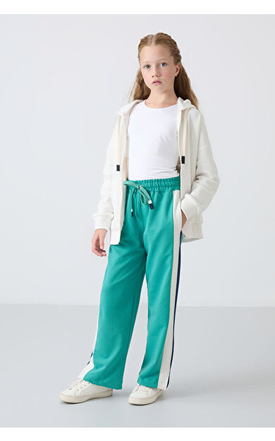 Deniz Yeşil Yırtmaç Detaylı Cepli Geniş Paça Kız Çocuk Eşofman Alt - 75141
