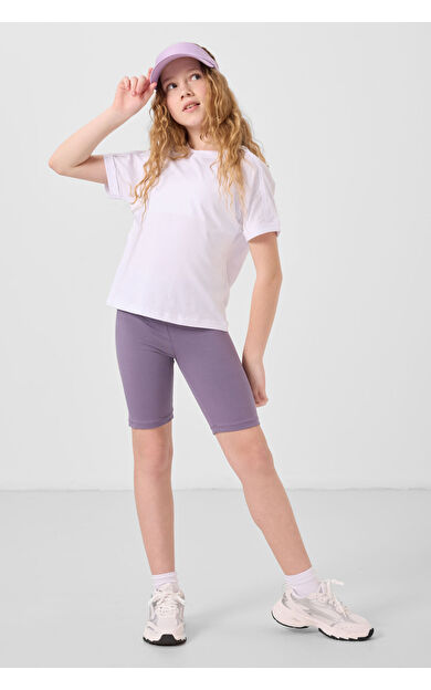 Eflatun Pamuklu Kısa Paça Standart Fit Basic Kız Çocuk Tayt - 75188
