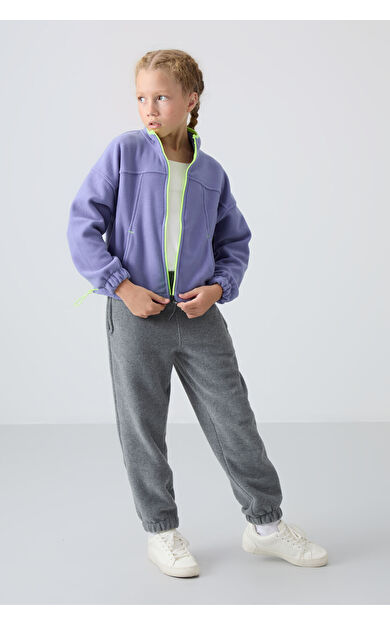 Eflatun Kalın Yumuşak Dokulu Standart Fit Nakışlı Polar Kız Çocuk Sweatshirt - 75157