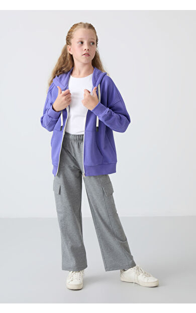 Eflatun Pamuklu İçi Tüylü Yumuşak Dokulu Standart Fit Nakışlı Kız Çocuk Sweatshirt - 75149