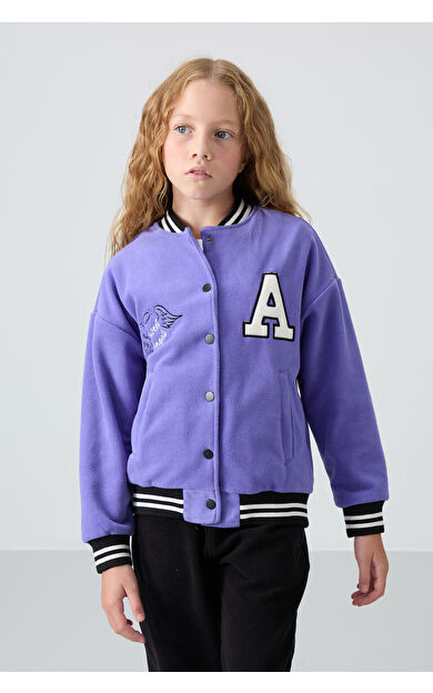 Eflatun Kalın Yumuşak Dokulu Standart Fit Nakışlı Polar Kız Çocuk Kolej Ceket - 75156