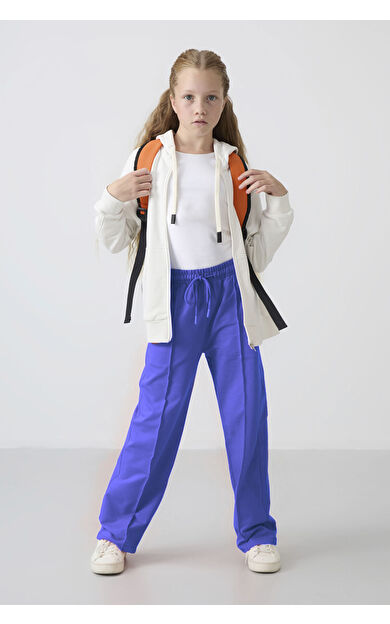 Eflatun Cepli Ön Dikiş Detaylı Geniş Paça Kız Çocuk Eşofman Altı -75144