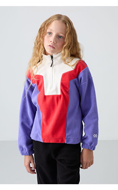 Eflatun Kalın Yumuşak Dokulu Oversize Nakışlı Polar Kız Çocuk Sweatshirt - 75153