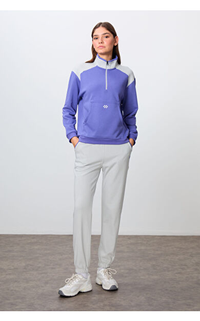 Eflatun-Taş Kompakt Pamuklu Kalın Pürüzsüz Dokulu Dik Yaka Oversize Fit Kadın Eşofman Takım - 95342