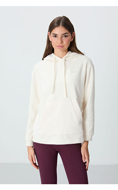 Ekru Kalın Yumuşak Dokulu Kapüşonlu Oversize Nakışlı Polar Kadın Sweatshirt - 97292