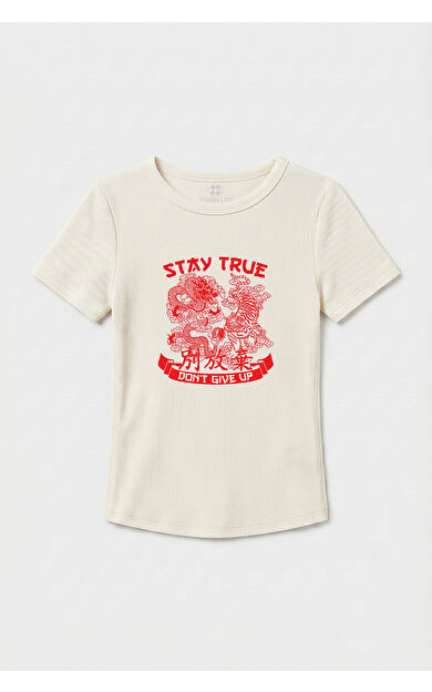 YENİ Ekru Standart Fit Baskılı Kısa Kollu Kadın T-Shirt - 97201