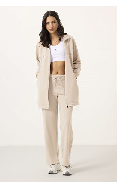 TommyLife Ekru Dik Yaka Fermuarlı Pamuklu Kadın Eşofman Tunik Takım - 95346