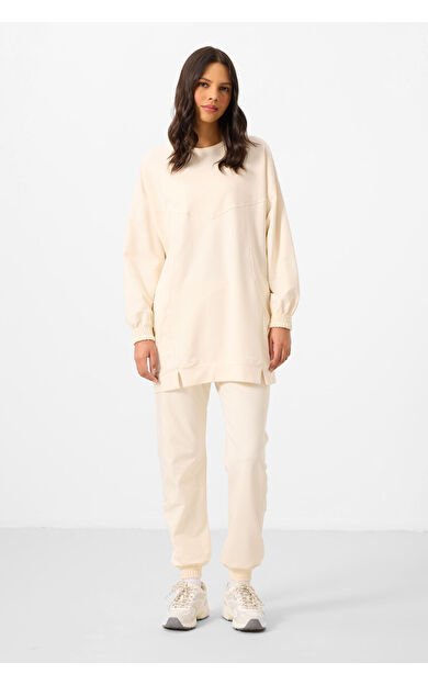 Ekru O Yaka Basic Oversize Kadın Eşofman Tunik Takım - 95347