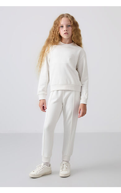 Ekru Pamuklu İçi Tüylü Yumuşak Dokulu Oversize Nakışlı Kız Çocuk Eşofman Takım - 75145