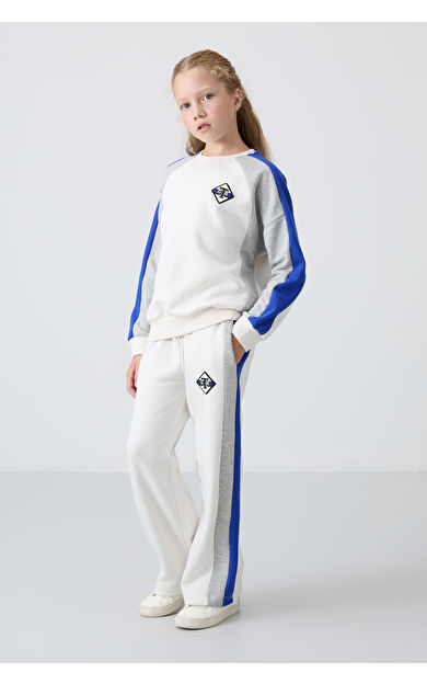 Ekru O Yaka Geniş Paça Standart Fit Baskılı Kız Çocuk Eşofman Takım - 75165