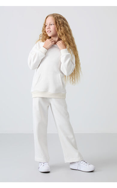 Ekru Pamuklu İçi Tüylü Yumuşak Dokulu Standart Fit Nakışlı Kız Çocuk Eşofman Takım - 75162