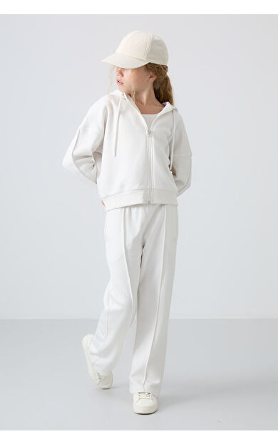 Ekru Pamuklu İçi Tüylü Yumuşak Dokulu Standart Fit Nakışlı Kız Çocuk Eşofman Takım - 75161