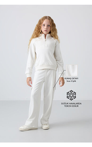 Ekru Pamuklu İçi Tüylü Yumuşak Dokulu Standart Fit Nakışlı Kız Çocuk Eşofman Takım - 75159