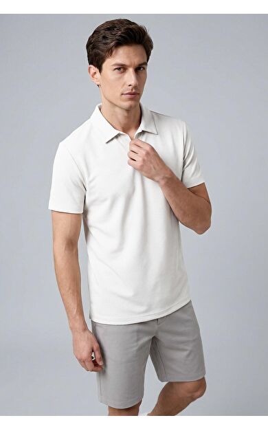 Ekru Rahat Form Yumuşak Dokulu Polo Yaka Erkek T-Shirt - 88496