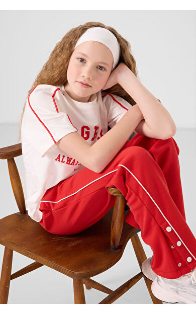 Ekru-Fiesta O Yaka Baskılı Geniş Paça Çıt Çıt Detaylı Kız Çocuk Palazzo Eşofman Takım - 75172