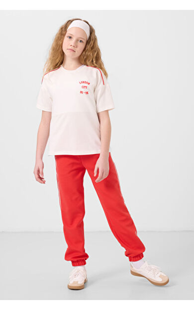 Ekru-Fiesta O Yaka Baskılı Lastik Paçalı Standart Fit Kız Çocuk Eşofman Takım - 75186