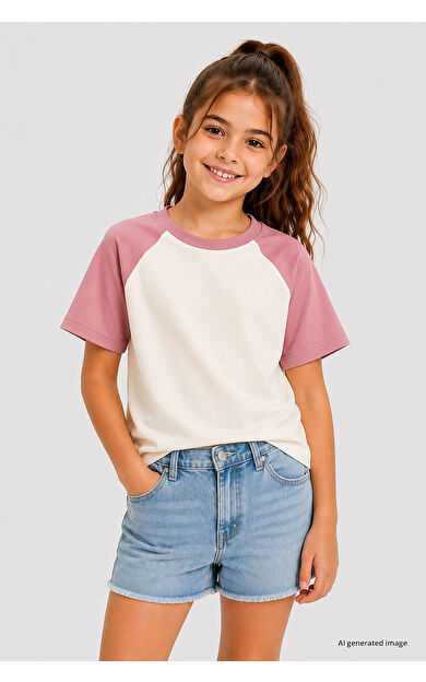 YENİ Ekru-Gül Kurusu Standart Fit Reglan Kollu Kız Çocuk T-Shirt - 75180