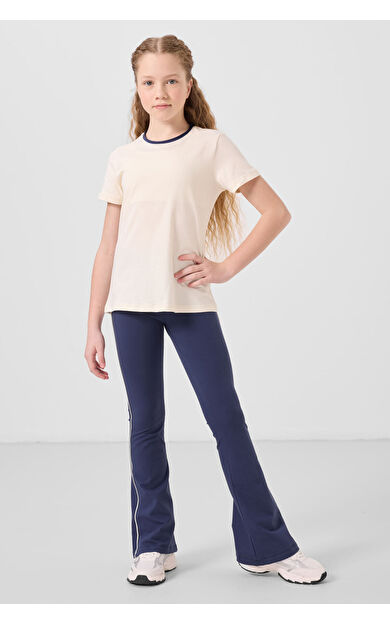 Ekru-İndigo Pamuklu O Yaka Standart Fit Basic İspanyol Paça Kız Çocuk Tayt Takım - 75192