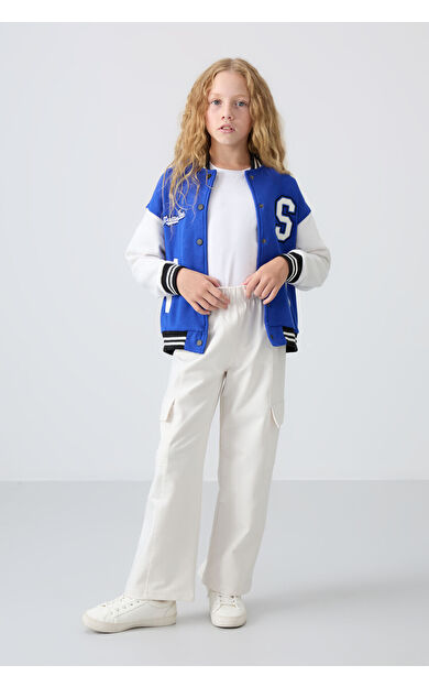 Ekru Kargo Cepli Ön Dikiş Detaylı Geniş Paça Kız Çocuk Eşofman Altı - 75143