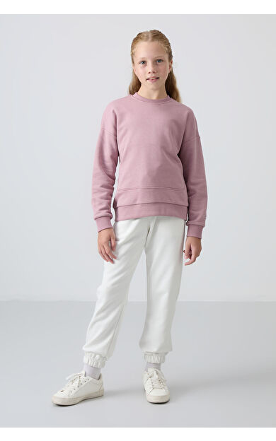 Ekru Pamuklu İçi Tüylü Yumuşak Dokulu Standart Fit Nakışlı Kız Çocuk Eşofman Alt - 75158