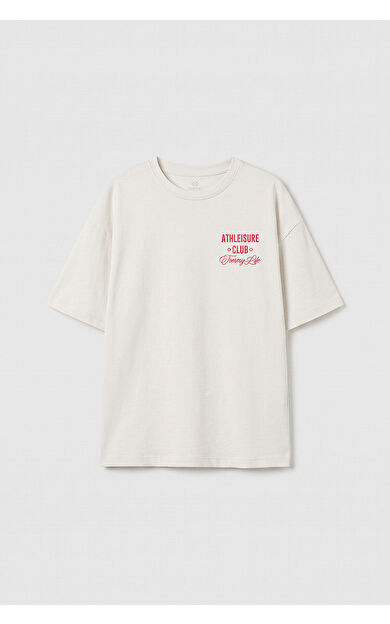 YENİ Ekru Oversize Kısa Kollu Baskılı Kız Çocuk T-Shirt - 75175