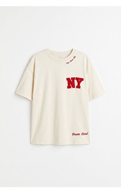 YENİ Ekru Oversize Kısa Kollu Baskılı Kız Çocuk T-Shirt - 75174
