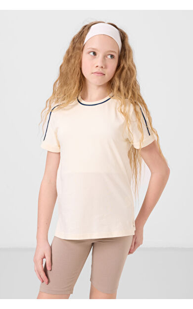 Ekru Pamuklu O Yaka Standart Fit Basic Kız Çocuk T-Shirt - 75177