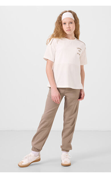 Ekru-Koyu Bej O Yaka Baskılı Lastik Paçalı Standart Fit Kız Çocuk Eşofman Takım - 75186