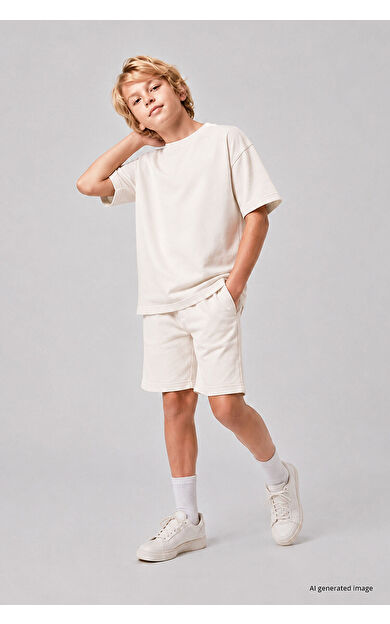 Yeni Ekru Oversize Fit Basic Erkek Çocuk Şort Takım - 11335