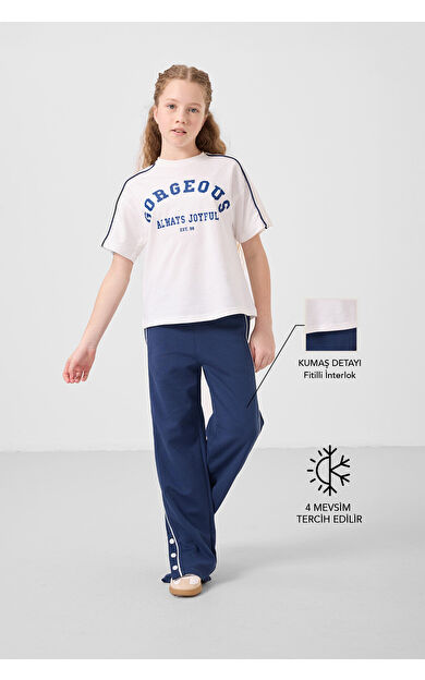 Ekru-Parlament O Yaka Baskılı Geniş Paça Çıt Çıt Detaylı Kız Çocuk Palazzo Eşofman Takım - 75172