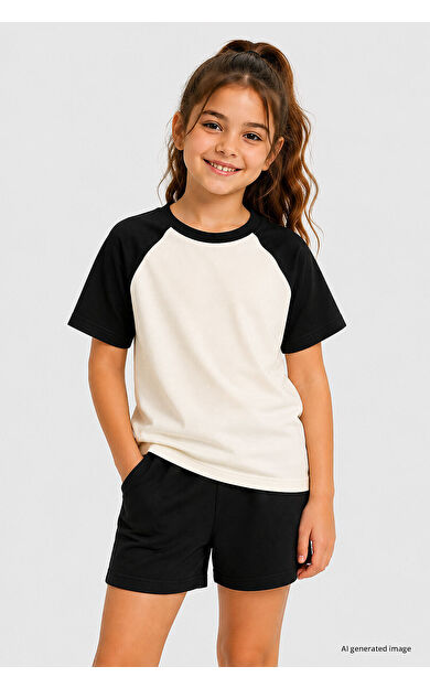 YENİ Ekru-Siyah Standart Fit Reglan Kollu Kız Çocuk T-Shirt - 75180