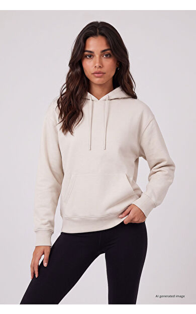 Yeni Ekru Standart Kapüşonlu Kanguru Cepli Basic Kadın Sweatshirt - 97321