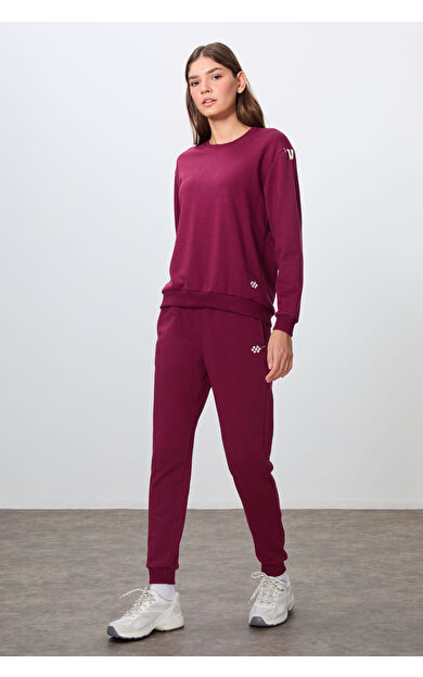 Erguvan Kompakt Pamuklu Kalın Pürüzsüz Dokulu O Yaka Oversize Fit Kadın Eşofman Takım - 95341