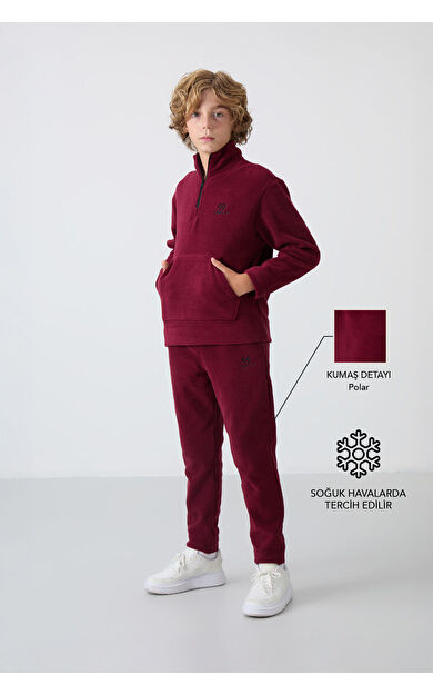 Erguvan Kalın Yumuşak Dokulu Standart Fit Nakışlı Polar Erkek Çocuk Eşofman Takım - 11218