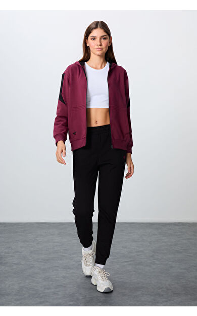 Erguvan-Siyah Pamuklu Kalın Kapüşonlu Oversize Fit Kadın Eşofman Takım - 95343