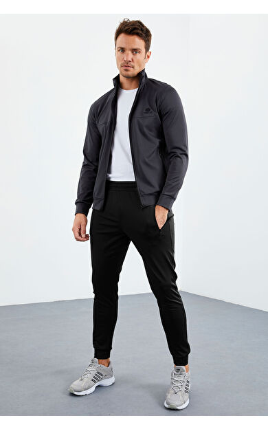 Antrasit-Siyah Dik Yaka Fermuarlı Standart Kalıp Manşetli Erkek Eşofman Takım - 85160