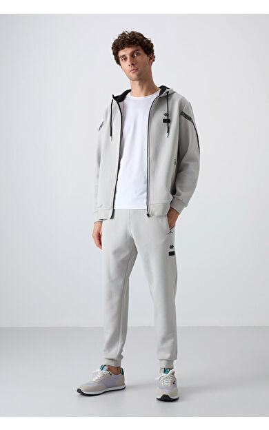 Taş Pamuklu Kalın Yumuşak Dokulu Comfort Fit Baskılı Erkek Eşofman Takım - 85236