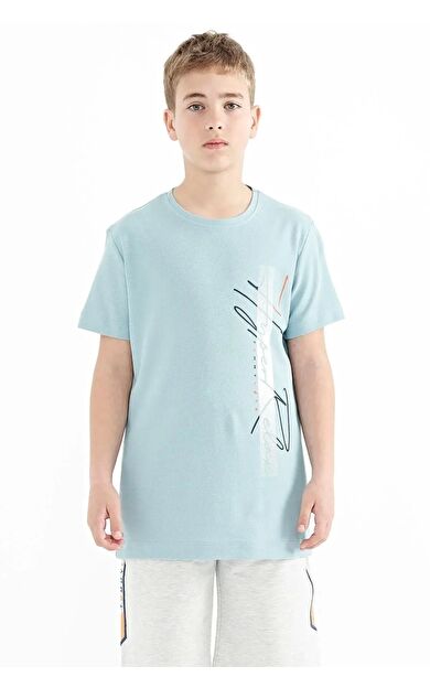 Açık Mavi Yazı Baskılı O Yaka Standart Kalıp Erkek Çocuk T-Shirt - 11119