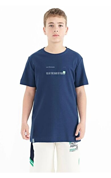 İndigo Baskı Detaylı O Yaka Standart Kalıp Erkek  Çocuk T-Shirt - 11117