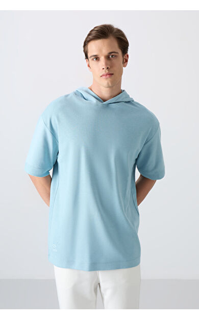 Açık Mavi Pamuklu Kalın Yüzeyi Dokulu Oversize Fit Basic Erkek T-Shirt - 88335