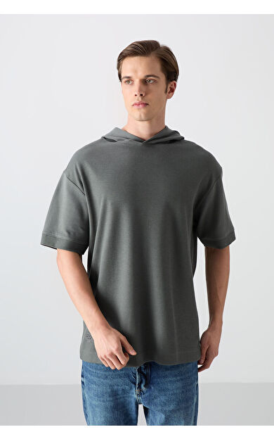 Haki Pamuklu Kalın Yüzeyi Dokulu Oversize Fit Basic Erkek T-Shirt - 88335