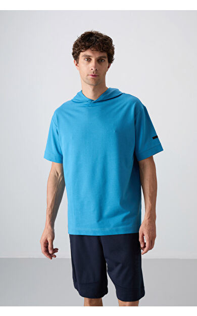 Petrol Mavi Pamuklu Kalın Yumuşak Dokulu Oversize Fit Basic Erkek T-Shirt - 88352