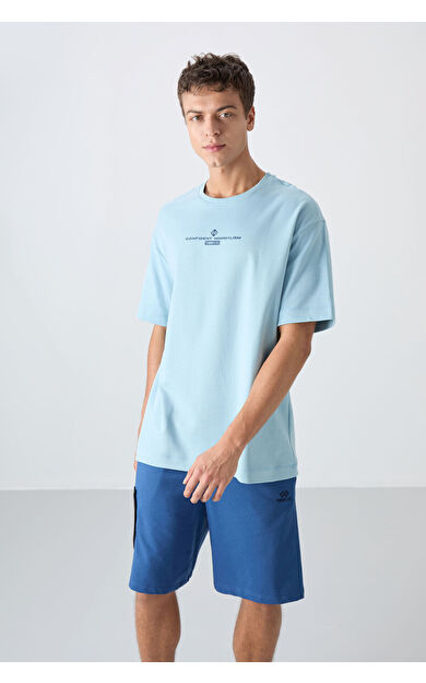 Açık Mavi Pamuklu Kalın Yumuşak Dokulu Oversize Fit Baskılı Erkek T-Shirt - 88321
