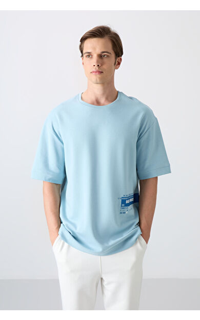 Açık Mavi Pamuklu Kalın Yumuşak Dokulu Oversize Fit Baskılı Erkek T-Shirt - 88322