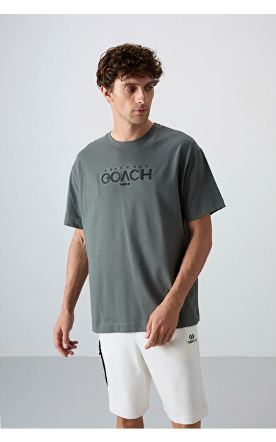 Haki Pamuklu Kalın Yumuşak Dokulu Oversize Fit Baskılı Erkek T-Shirt - 88329
