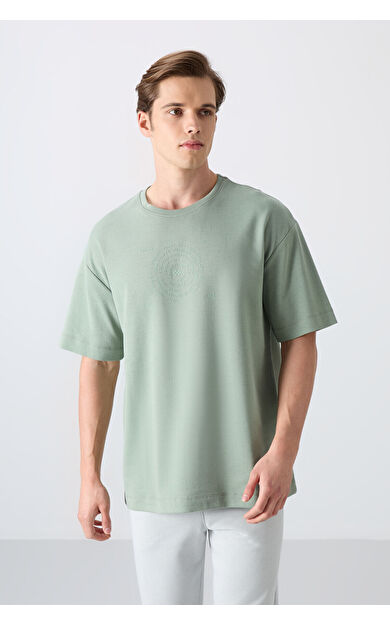 Açık Yeşil Pamuklu Kalın Yumuşak Dokulu Oversize Fit Baskılı Erkek T-Shirt - 88324