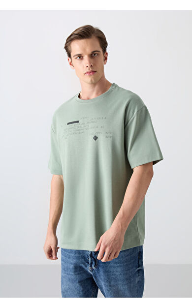 Açık Yeşil Pamuk Kalın Yumuşak Dokulu Oversize Fit Baskılı Erkek T-Shirt - 88326