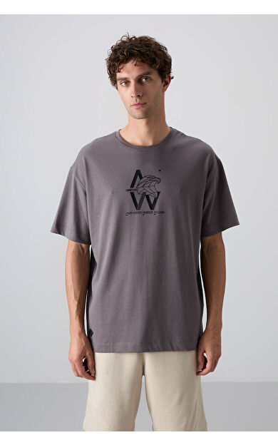 Koyu Gri Pamuklu Kalın Yumuşak Dokulu Oversize Fit Baskılı Erkek T-Shirt - 88332